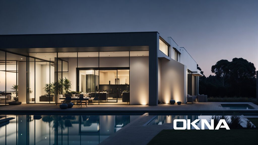 A modern luxury home featuring sleek aluminium doors with floor-to-ceiling glass panels, enhancing aesthetics and functionality. Best Aluminium Doors Manufacturers – OKNA, providing premium aluminium doors in Delhi for contemporary architecture
